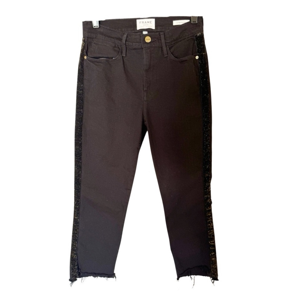 FRAME Denim Le High Straight Black Jeans with Gold Trim On Sides